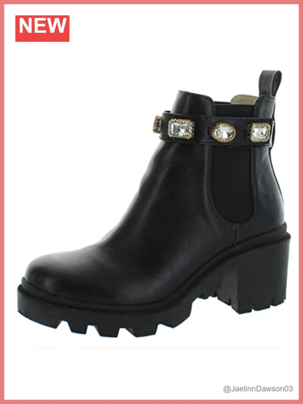 Chelsea Ankle Boot with Removable Rhinestone Strap, Chunky Heel, Leather Upper